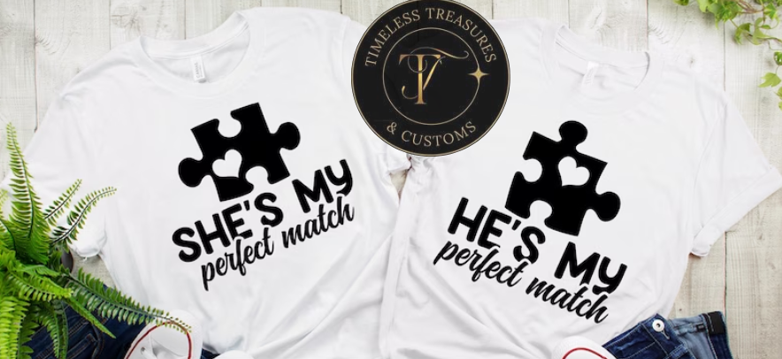 "Puzzle Pieces of Love: "He's My She's My Perfect Match" T-shirt – Wear Your Connection with Pride!"