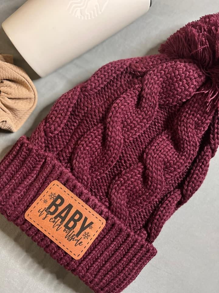 Personalized Cable Knit Beanie leather patch