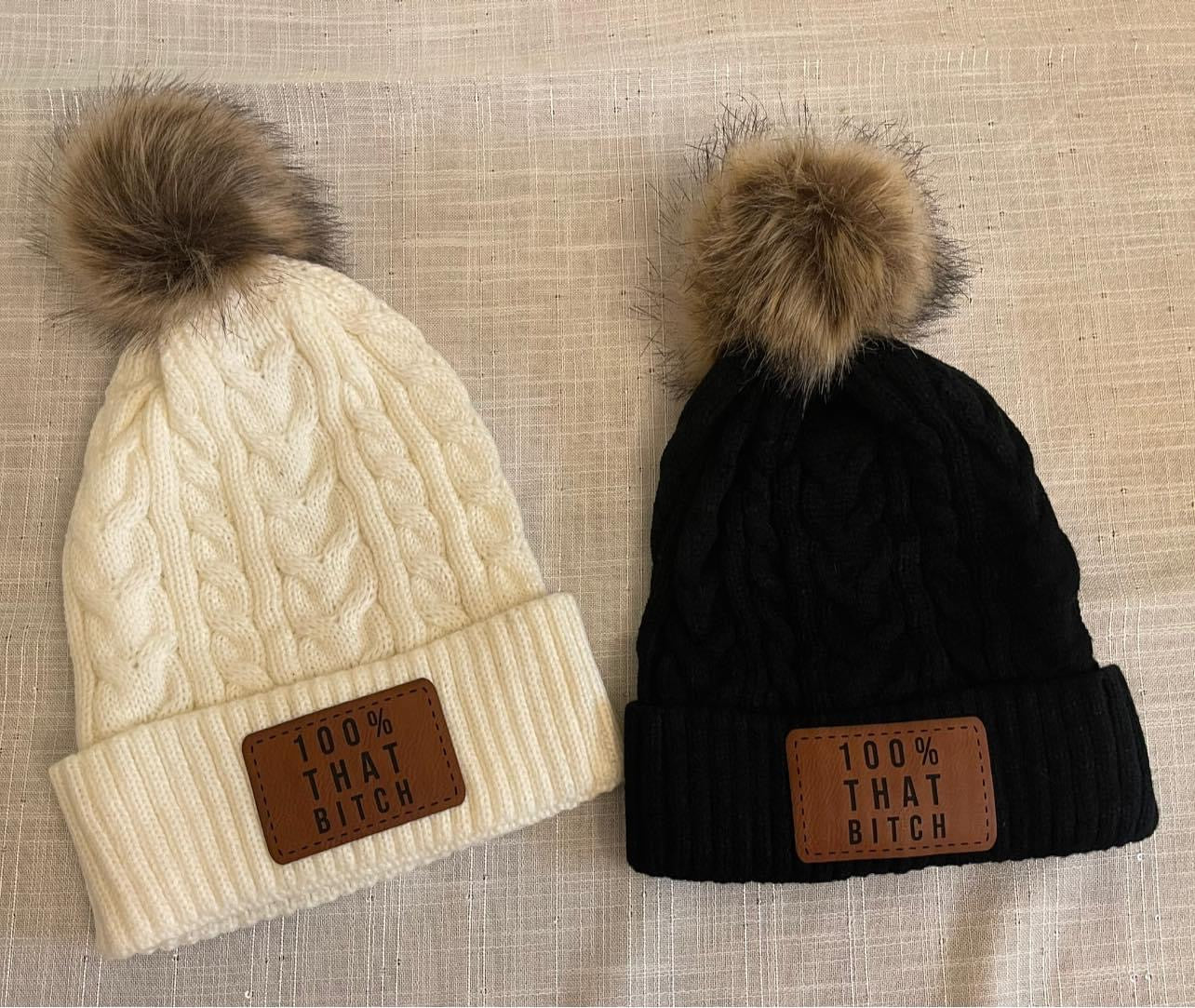 Personalized Cable Knit Beanie leather patch