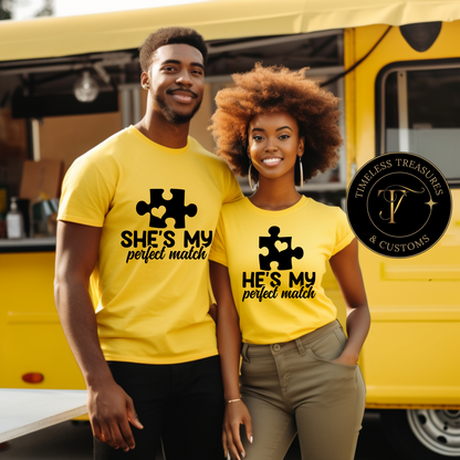 "Puzzle Pieces of Love: "He's My She's My Perfect Match" T-shirt – Wear Your Connection with Pride!"